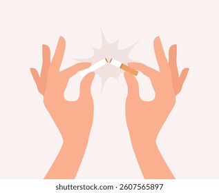 Female hands breaking a cigarette in half, vector illustration in flat style