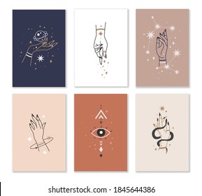 Female hands cards. Linear woman hand combination with mystic witchcraft elements in minimalistic style, gestures and mysterious objects snake and stars elegant boho collection vector poster set