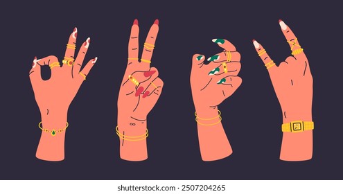 Female hands. Cartoon women hands with various gestures, nail design and golden jewelry flat vector illustration set. Manicured girls hand palms