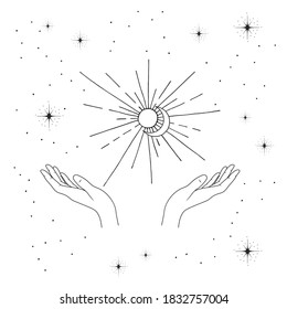 Female hands with celestial sun and moon. Human arms with stars in boho style. Esoteric print.	
