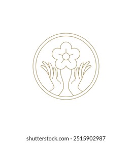 Female hands with chamomile flower in circle frame line art icon vector illustration. Woman arms fingers with gentle floral blossom luxury golden logo for spa skin care manicure beauty salon
