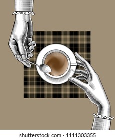 Female hands hands with a coffee cup and spoon on square tartan napkin. Vintage engraving stylized drawing. Vector illustration