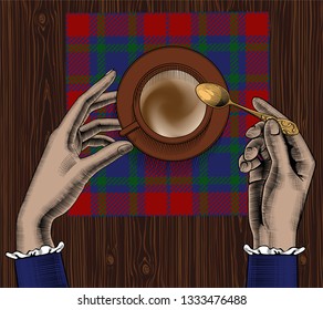 Female hands hands with a coffee cup and spoon on square tartan napkin. Vintage engraving stylized drawing. Vector illustration