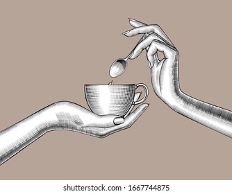 Female hands with a coffee cup and spoon. Vintage engraving stylized drawing. Vector illustration