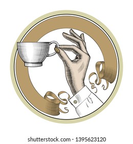 Female hands with a coffee cup. Woman's hand holding a tea cup. Vintage stylized drawing. Vector illustration