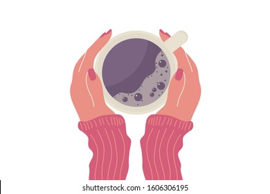 Female hands with coffee or tee mug. Hands in red pullover busk in a mug. Coffee cup top view. Flat vector illustration