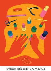 Female hands coloring nails manicure surrounded by tools and cosmetics for nail care, top view. Colorful vector illustration in flat cartoon style. Poster for beauty salon.