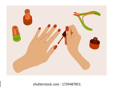 Female hands coloring nails manicure surrounded by tools and cosmetics for nail care, top view. Natural colors vector illustration in flat style.