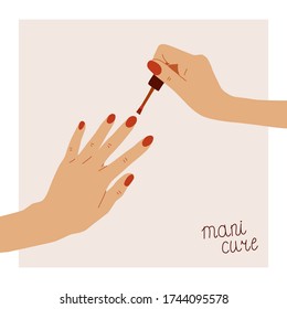 Female hands coloring nails manicure. Natural colors vector illustration in flat style.  Banner for web, social media.