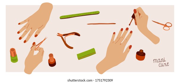 Female hands coloring nails manicure surrounded by tools and cosmetics for nail care, top view. Natural colors vector illustration in flat style. Banner for web, social media.