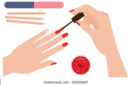 Female hands coloring nails manicure polish Stock vector illustration