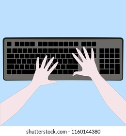 Female hands and computer keyboard isolated by blue background.