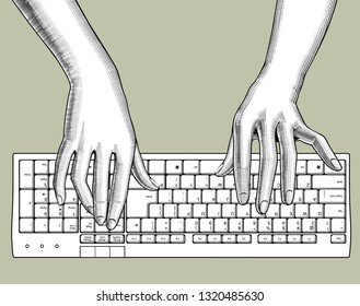 Female hands with a computer keyboard. Vintage engraving stylized drawing. Vector illustration