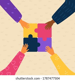 Female Hands Connect Puzzle Vector Illustration. Cartoon Flat Feminist Woman Characters Team Holding Puzzle, Connecting Pieces In Hands. Teamwork Diverse Group Cooperation, Solution, Feminism Concept