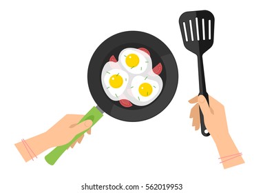 Female hands with cooking pan with scrambled eggs and black slotted spatula. Flat concept illustration of kitchen food fry, roast tools and omelette. Vector elements for web design, cook infographic.