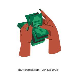 Female hands count wad of money. Rich woman holds stack of dollar bills. Person pays with green banknotes, cash clip. Currency, payment, financial savings. Flat isolated vector illustration on white