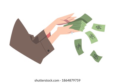 Female Hands Counting Cash Money, Financial Success, Profit, Income Concept Cartoon Style Vector Illustration