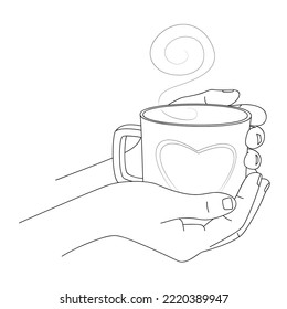 Female hands cozy holding large cup with tea or coffee. Sketch, linear drawing. Beautiful hand holding mug with hot beverage. Morning cup of coffee. Warm up with hot tea in cold weather