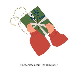 Manos femeninas en suéter acogedor que sostiene la caja de regalo, cumpleaños, aniversario, regalo de Navidad. Envoltura de brazos, preparación de regalos para Navidades, recuerdos de año nuevo. Ilustración vectorial aislada en blanco 