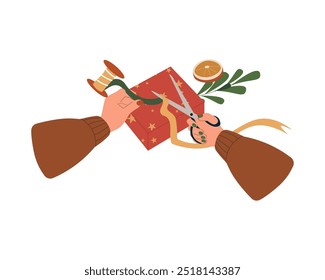 Manos femeninas en suéter acogedor que envuelve una caja de regalo, cumpleaños, aniversario, regalo de Navidad. Envoltura de brazos, preparación de regalos para Navidades, recuerdos de año nuevo. Ilustración vectorial aislada en blanco 