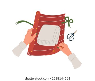 Manos femeninas en suéter acogedor que envuelve una caja de regalo, cumpleaños, aniversario, regalo de Navidad. Envoltura de brazos, preparación de regalos para Navidades, recuerdos de año nuevo. Ilustración vectorial aislada en blanco