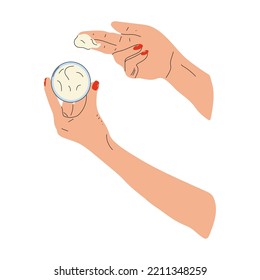 Female hands with cream. Woman applying treatment lotion. Hand drawn vector illustration