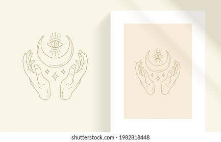 Female hands with crescent moon line art style vector illustration. Boho mystic linear drawing and eye for poster and esoteric practices logo emblem decoration or fashion print.
