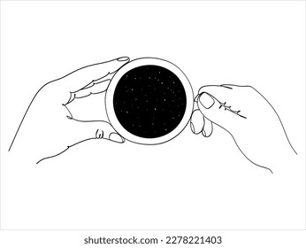 Female hands with a cup inside which a starry sky or space, imagination contemporary creative art,