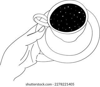 Female hands with a cup inside which a starry sky or space, imagination contemporary creative art,