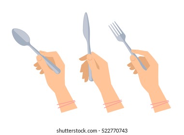 Female hands with cutleries: steel spoon, fork and knife. Flat illustration of kitchenware and silverware. Vector elements for web design, social networks and inforaphics.