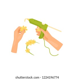 Female Hands Decorate Hair Hoop With Flowers Using Hot Glue Gun. Handmade Craft. Hobby And Leisure Theme. Flat Vector Icon