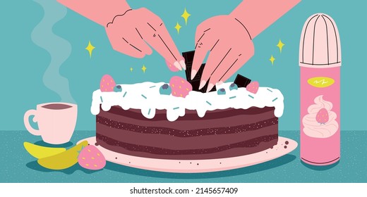 Female hands decorating homemade cake with pieces of chocolate whipped cream and strawberries flat vector illustration