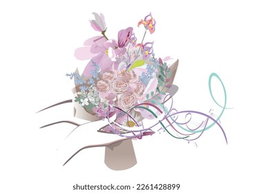 Female hands with a delicate manicure with beautiful spring flowers. Hand drawn vector illustration for t shirts, covers,  wallpaper, greeting cards, wall-art, invitations.