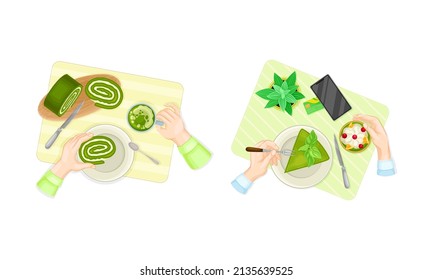 Female hands and delicious green matcha tea desserts, top view vector illustration