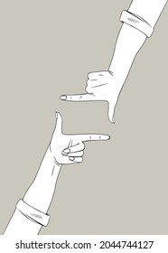 Female hands depict a frame of thumbs and forefingers. Vintage linear engraving stylized drawing. Retro concept poster and banner. Vector illustration
