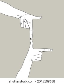 Female hands depict a frame of thumbs and forefingers. Vintage linear engraving stylized drawing. Retro concept poster and banner. Vector illustration
