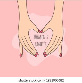 Female hands depict the shape of a heart. Women's day flat vector line illustration, card, poster, banner