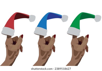 Female hands with different colors of christmas hats on their finger