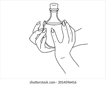 Female hands with in different poses. Line drawing. Vector illustration isolated on white background.