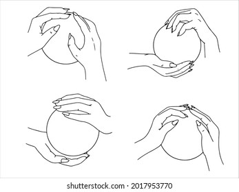 Manos femeninas con poses diferentes. Dibujo de línea. Ilustración vectorial aislada en fondo blanco.