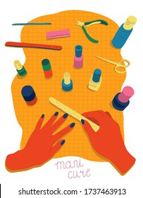 Female hands doing manicure surrounded by tools and cosmetics for nail care, top view. Colorful vector illustration in flat cartoon style. Poster for beauty salon.