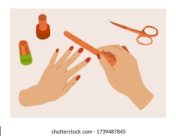 Weibliche Hände Maniküre umgeben von Instrumenten und Kosmetika für Nagelpflege, Top-Ansicht. Natürliche farbige Vektorgrafik in flachem Stil.