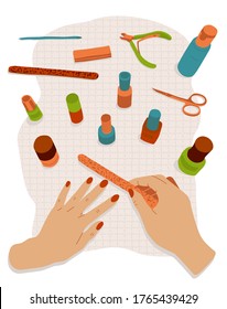 Female hands doing manicure surrounded by tools and cosmetics for nail care, top view. Natural colors vector illustration in flat style. Banner or poster for web, social media.