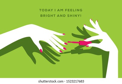 Female hands doing nail polish with quote. Hand with shadow fashion illustration.