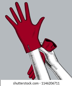 Female hands dressing red gloves. Vintage engraving stylized drawing. Vector illustration