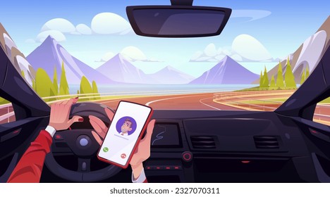 Weibliche Hände, die Auto fahren und Smartphone halten. Vektorgrafik-Illustration des Auto-Lenkrads, telefonischer Anruf der Frau beim Einschalten der kurvenreichen Straße, Blick auf den Bergsee durch Windschutzscheibe