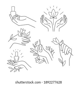Female hands emblems with nail polish and leaves. Logos with hand gestures holding flower, leaf and olive branch. Design for cosmetics, beauty studio, tattoo, and spa