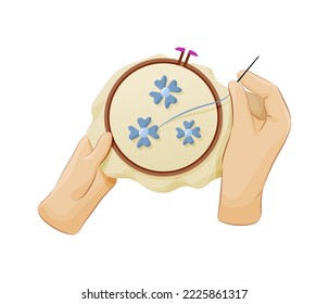 Female hands embroidering flowers with needle and thread, top view. Hands holding embroidery hoop with canvas. Creative hobby, craftwork, needlework, handicraft cartoon vector