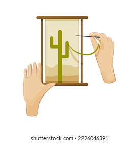 Female hands embroidering flowers with needle and thread, top view. Hands holding embroidery hoop with canvas. Creative hobby, craftwork, needlework, handicraft cartoon vector