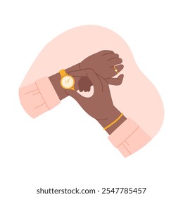 Female hands with expensive gold wristwatches, girl looking at time vector illustration